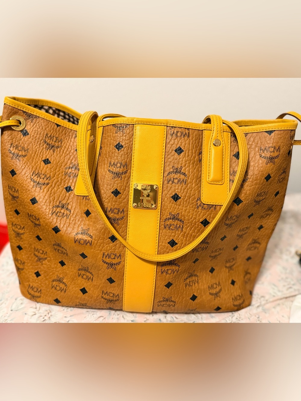 MCM Visetos Two-Tone Yellow Cognac Tote ! Nordstrom collab!